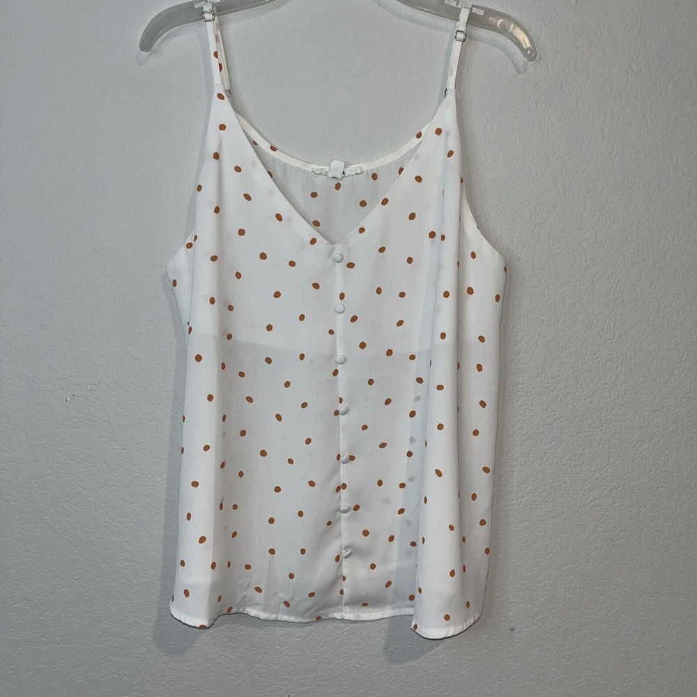 E & M Woman’s Tank Medium semi sheer polka dot front buttons adjustable straps